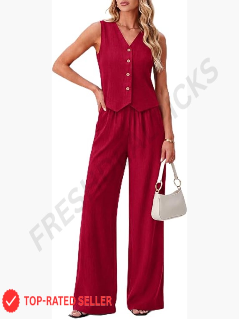 Sleeveless V-Neck Crop Blazer Vest And Wide Leg Pants Set Business Casual